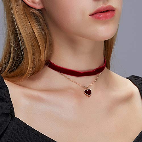 Yienate Collana girocollo a strati con ciondolo a forma di cuore, in velluto, per donne e ragazze (rosso)