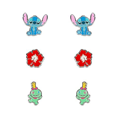 Disney Lilo & Stitch SF00468SL Set di orecchini trio blu, rosso e verde, Misura unica, Ottone, Nessuna pietra preziosa