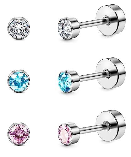 ORAZIO 3 Paia di Orecchini a Perno Per Donne Titanio Ragazze Orecchini Set ipoallergenico Cubic Zirconia Orecchini da Uomo 3/4/5mm Sleep Stud Ipoallergenici Per Orecchie Sensibili