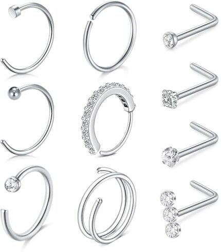 NIUSIMAN 10 pezzo piercing Naso Argento 20G L Forma Piercing Naso cerchio Piccolo Doppio Piercing Anello Naso Acciaio Chirurgico Anelli Piercing Gioielli per Le Donne Uomini Ragazzi Ragazze