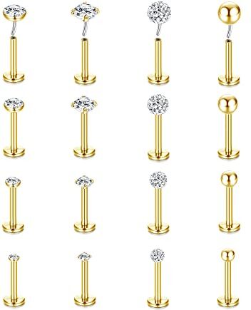 Milacolato 16G Piercing Labbro Acciaio Inossidabile Chiaro CZ Palla Rotonda Labbro Lingua Medusa Naso Piercing Gioielli Argento Oro Cartilagine Trago Orecchini Labret Stud Per Donna Uomo 16Pz G8mm