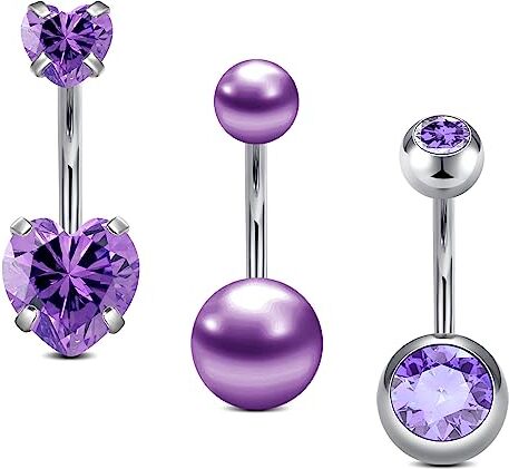 FECTAS 3pz Barra ombelicale Viola 10mm Acciaio Inossidabile 14G Anello ombelicale Cuore Gioielli da Donna