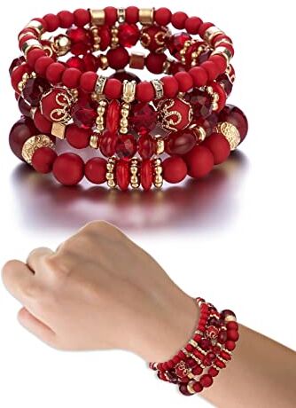 AIQPZ Bracciale con perline bohémien Set di braccialetti con perline in legno rosso multistrato, braccialetto con perline di cristallo con ciondolo a cuore per donne e ragazze (4 pezzi)