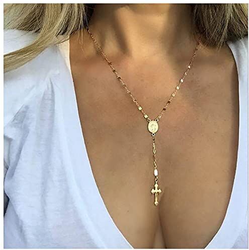 Dervivea Boemia Croce Lariat Collana Catena Croce Lunga Y Goccia Collana Catena Oro Vergine Maria Ciondolo Collana Fede Croce Y Collana Catena Gioielli per Donne e Ragazze