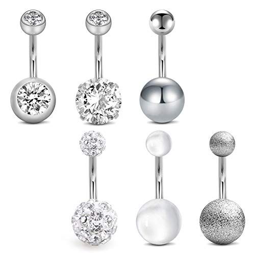 Mayhoop 6 Pezzi 14G Piercing Ombelico Acciaio Chirurgico Donna Zircone Sfera lastricata di cristallo Argento Anello Ombelico Piercing del Corpo Barra 10mm