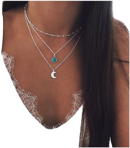 Dishowme Collana turchese con foglia di luna Collana con ciondolo in pietra preziosa con colonna esagonale Boemia Bigiotteria occidentale per donne e ragazze (Argento B)