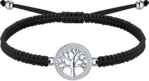 J.Endéar Bracciale Corda Fortunata, Bracciale Albero della Vita Argento 925 con Zircone per Donna, Bracciale Nero Intrecciato Ragazze, Gioielli Adolescenti Regolabile