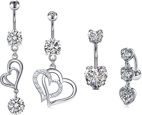 MODRSA 14G Cuore Piercing Ombelico Penzoloni Acciaio Inossidabile Ombelico Anello per Donne Diamante CZ Lunghezza 10MM Argento