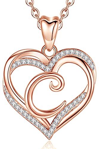 INFUSEU C Collana Iniziale, Doppio Cuore e Ciondolo in Oro Rosa Lettera A-Z Gioielli Cubic Zirconia Regali di Compleanno per Donne Moglie Mamma, Catena da 20 Pollici