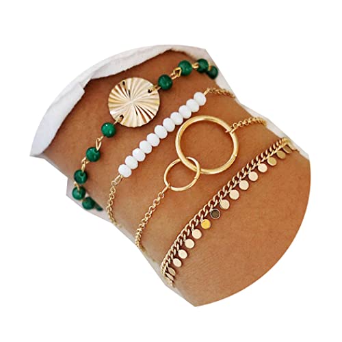 Jovono Braccialetto con perline a strati in stile bohémien, set di braccialetti a cerchio dorati, catenine a mano con paillettes, gioielli per donne e ragazze (4 pezzi)