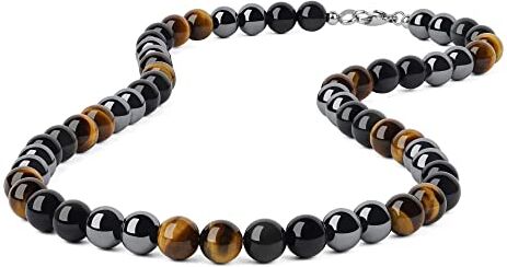 GAVU Collana da Uomo in Pietre e Cristalli Curativi con Perline 10mm di Ematite Occhio di Tigre e Ossidiana 60cm