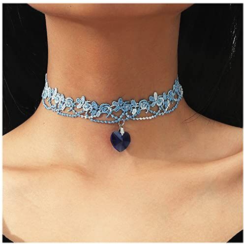 Inateannal Collana Girocollo In Pizzo Boho Collana Corta Con Ciondolo A Forma Di Cuore Di Zaffiro Collana Di Cristallo A Cuore Blu Collana Di Pizzo Vintage Collana Di Fiori Gioielli Per Donne Ragazze