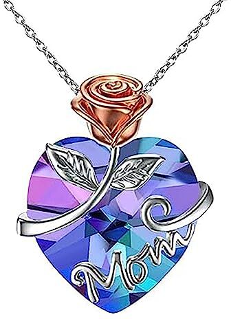 Emibele Collana con Pendente a Forma di Cuore e Rosa, con Lettera di Mom, Scintillante Cristallo Argento Collana, Regali Gioielli Delicati per Mamma, Viola+Blu