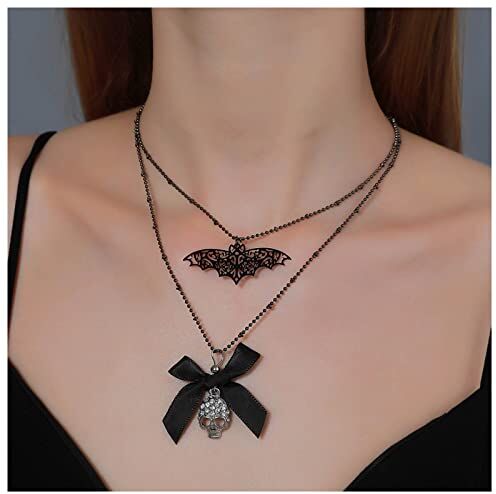 Dervivea Goth Arco Ciondolo Collana Choker Nero Volante Pipistrello Collana Cristallo Teschio Collana Catena Vintage Stratificato Pipistrello Teschio Collana Gioielli Per