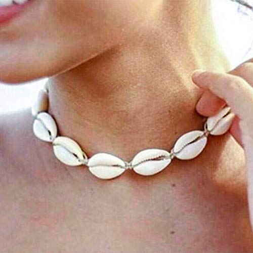 Yienate Collana girocollo in stile bohémien, semplice ciondolo a forma di conchiglia, intrecciata a mano, per donne e ragazze (bianco)