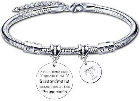 LUODAN Ispirativo regalo Bracciale argento A-Z 26 lettera iniziale ciondolo Bracciale,Regalo Laurea Amicizia Bracciale Ispiratore Donna Ragazza per Migliore Amica Regali Compleanno Natale (T)