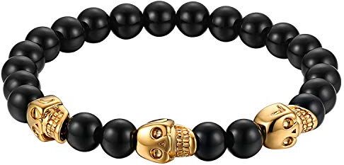 Flongo 8mm Bracciale Pietre Perline Nero Cranio Gotico Punk Rock Style da Uomo Bracciale Originale, Braccialetto di Vetro Adorno Estate