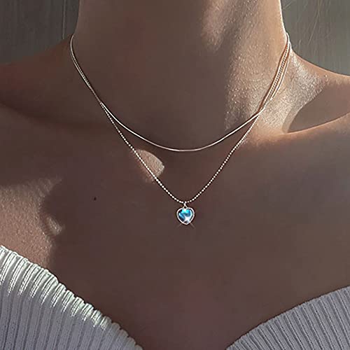 Atentuyi Stratificato Cristallo Cuore Collana Ciondolo Argento Opale Cuore Collana Amore Cuore Girocollo Pietra Di Luna Collana Doppia Catena Birthstone Gioielli Per Le Donne E Le Ragazze Adolescenti