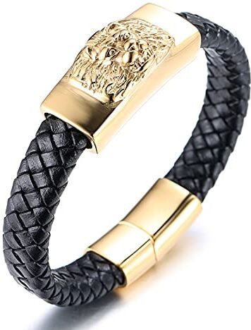 HALUKAKAH Bracciale Oro Uomo,Placcato Oro 24k Massiccio Acciaio Titanio Testa di Leone Animale Selvatico Vichingo Bracciale in Pelle Fatto a Mano Chiusura Magnetica 21.5cm,Pacco Regalo Gratuita