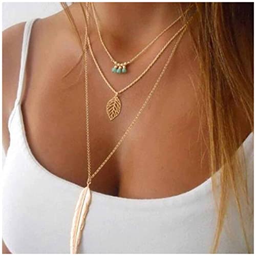 Cimenexe Collana con perline turchesi minuscole della Boemia Collana con foglie cave a strati Girocollo Collana con ciondolo in piume d'oro Catena Collane lunghe Gioielli per donne e ragazze