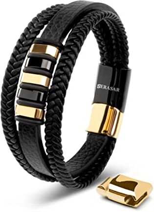 SERASAR Braccialetti Uomo Pelle 17cm Oro Braccialetto Uomo Cuoio Aggiustabile Magnetico Bracciali Braccialetti Perline Bigiotteria Bracialetto Cinturino Braciale Bambino Mens Bracelet Braciale Nere