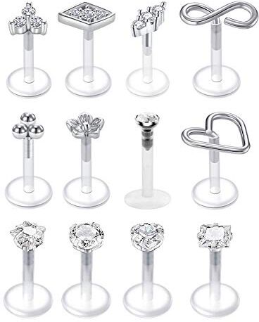 Mayhoop 16G Chiara Piercing Labbro Trago Flessibile in Acrilico CZ Opale Piercing Trago Cartilagine Plastica Piercing del Corpo 12Pezzi 6mm Argento