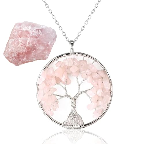 HALUKAKAH Donne Cristalli e Pietre Curative Collana Ottone Placcato Platino Filo Naturale Quarzo Rosa Naturale Fatto a mano Albero della Vita Sinuoso Ciondolo 5cm Catena 50cm