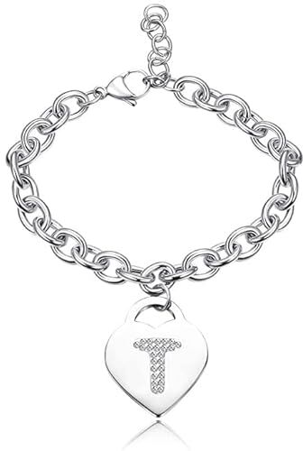 SiLo Bijoux Bracciale con lettera iniziale donna con STRASS in acciaio con lettera NOME charm cuore e cristalli argento alfabeto misura regolabile, nascita, anniversario,idea CONFEZIONE REGALO INCLUSA (T)