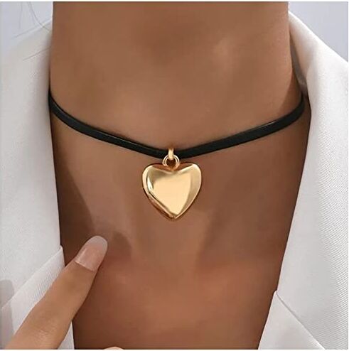 Inateannal Punk In Pelle Collana Girocollo Oro Cuore Gonfio Collana Ciondolo In Pelle Nera Collana Cuore Amore Vintage Collana Catena Gioielli Per Donne E Ragazze