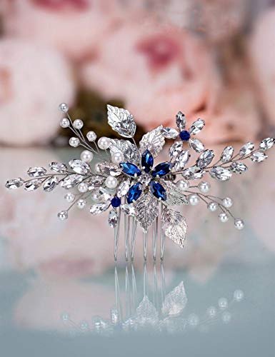 Anglacesmade Pettine per capelli da sposa, con cristalli zaffiri, colore: Blu perla e foglia di cristallo marquise
