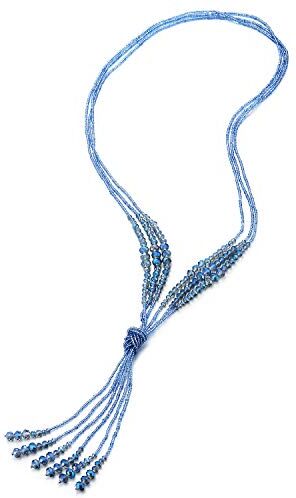 COOLSTEELANDBEYOND Boemo Chic Collana Lariat Statement Collana Frangia Nappa Pendente Pastello Blu Cristallo Perle Tre Filoni Lunga Catena