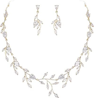 EVER FAITH Gioielli da Sposa per Le Donne Damigella d'Onore, Sparkly Zirconia cubica Pera Birthstone Foglia Collana Orecchini Set per Prom Trasparente Oro-Fondo