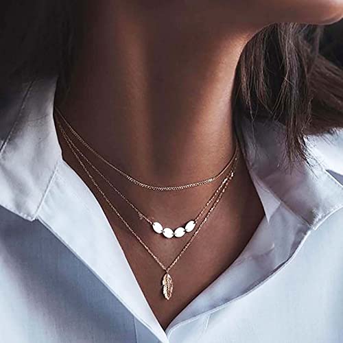 TseenYi Stratificato Foglia Collana Choker Oro Disco Collana Ciondolo Foglie Multistrato Collana Boho Ciondolo Clavicola Collana Catena Gioielli Per Le Donne E Le Ragazze