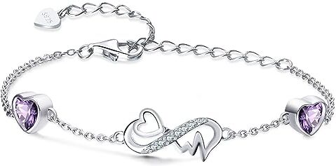 Qings Bracciale Infinito Donna Argento 925 con Ametista Bracciali Febbraio Cuore Pietre di Nascita Braccialetto Regolabile Infinity ECG, Viola Gemma Gioielli Regalo di San Valentino per Moglie Ragazze