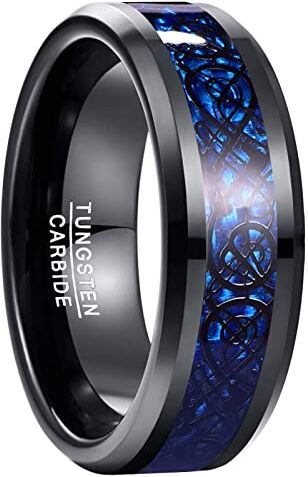 NUNCAD 8mm Anello Uomo/Donna Nero in Tungsteno con Drago Celtico e Fibra di Carbonio Blu per Matrimonio Fidanzamento, Taglia 9.25