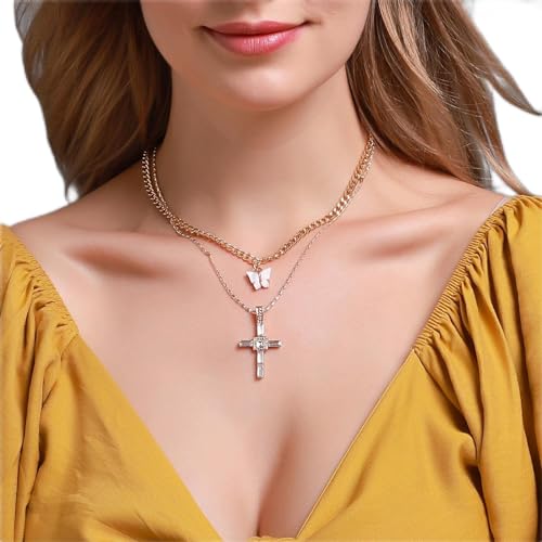 Wendalern Cristallo Croce Collana Piccola Farfalla Collana Girocollo Classico Stratificato Farfalla Croce Ciondolo Collana Dichiarazione Crocifisso Catena Gioielli Y2k Per Le Donne Ragazze