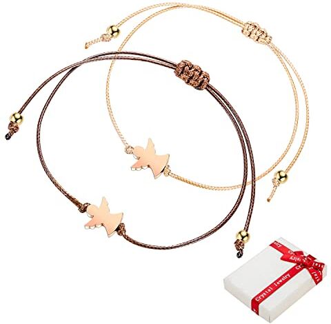 QIUJUNDE 2 pezzi oro rosa Angelo Custode Bracciale Set fortunato, BFF Bracciali Amicizia Chiusura Tessuto Portafortuna Regalo per le ragazze adolescenti Donne Migliore Amico Battesimo Comunione Compleanno