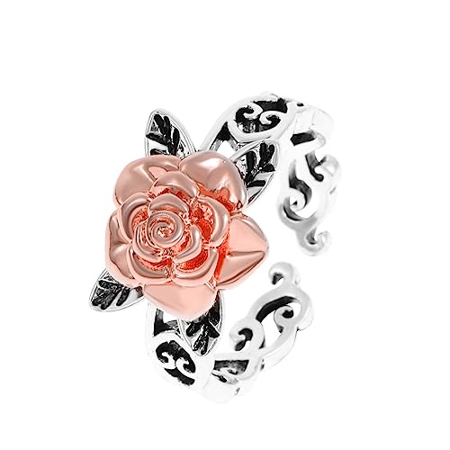 Dishowme Anello con fiore di rosa Anello con nocca a foglia vintage Anello con giuntura per dito con fiore cavo per donne e ragazze (Argento A)