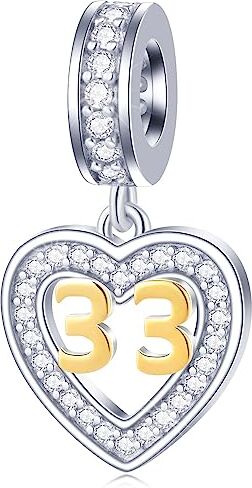 GLOWDAS 33 Anni Anniversario Charms Fit Bracciale Pelle Pandora, Oro 18 Carati Numero 33 Ciondoli, 925 Argento Sterling 33rd Compleanno Cuore Ciondolo Perline con CZ, Regali per Coppia Sposata/Buon Compleanno