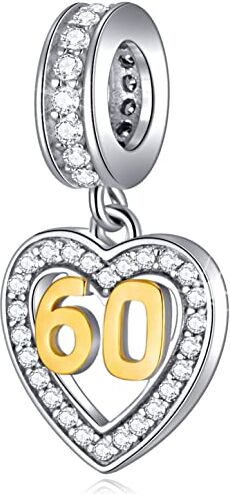 GLOWDAS 60 Anni Compleanno Charms fit Pandora Festa della Mamma Bracciale, 18K placcato oro numero 60 Charm, 925 Argento Sterling 60 ° anniversario di nozze Cuore Pendente con CZ, regali per Nonna/Nana/Natale