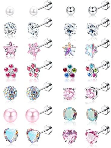 JeweBella 14 Paia Piccoli Orecchini Set per Donna Ragazze Bambini Orecchini Acciaio Chirurgico 316L Ipoallergenico Orecchini Perla Zircone Fiore Multicolore Vite Posteriore Orecchini a Bottone