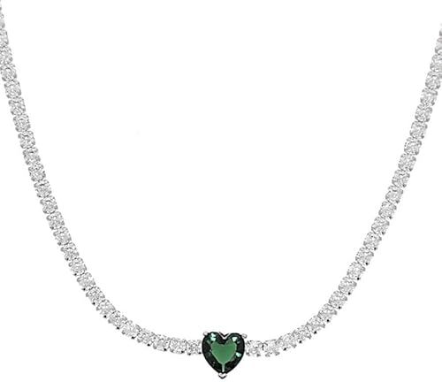 MAISON GIOIELLI FIRENZE OHANA Collana Donna Tennis Placcata Oro Bianco con Zircone a Forma di Cuore Colorato, Collana Chiusura a Moschettone Ipoallergenica, Antigraffio e Waterproof (verde)