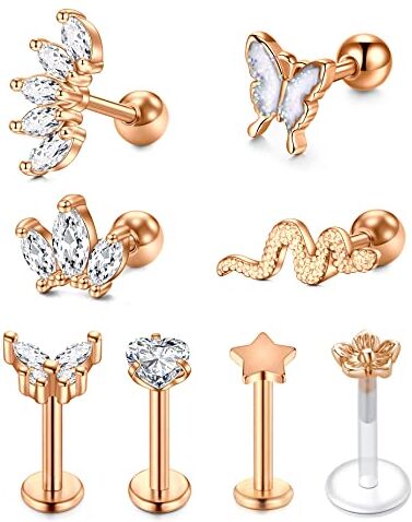 VFUN 16G Piercing Orecchio Trago con Serpente Farfalla Diamond CZ Acciaio inossidabile Palla Piercing Orecchio Helix Conch Cartilagine Donna Trago Piercing Oro rosa