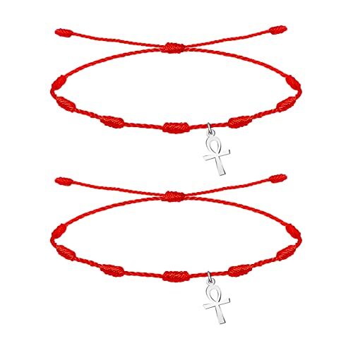 cotigo Bracciale 7 nodi rosso con amuleto in acciaio-fortuna e protezione-bracciale malocchio per coppie e amicizia-gioielli regolabile-bracciale filo rosso per donna e uomo, Acciaio inossidabile
