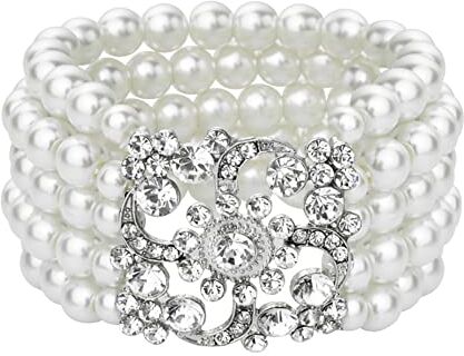 Wedity Rosa Perla Bracciale Sposa Matrimonio Prom Bracciali Singoli Partito Cristallo Elastico Bracciale Fiore di Prugna Mano Accessori per Donne e Ragazze (Bracciale di perle quadrate)