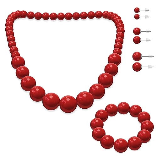 SoulCats ® Set di Gioielli, Collana di Perle, Bracciale di Perle e 3 Paia di Orecchini, Colore: Rosso