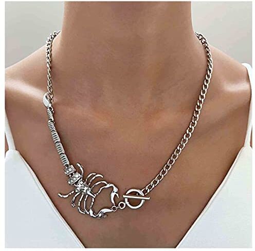 Allereya Collana ciondolo scorpione in cristallo vintage Collana scorpione strass Punk Cz Collana girocollo scorpione esagerato Collana barra T in argento Gioielli per donne e ragazze (Argento)