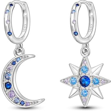 NARMO Ciondolo Orecchini di goccia 925 Sterling Silver Star & Moon Orecchini Cubic Zirconia Orecchini per le Donne Ragazze