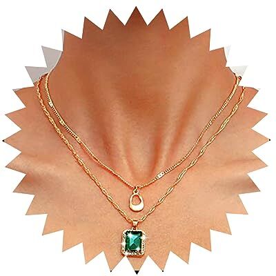 Atentuyi Collane A Strati Catena D'oro Girocollo Ciondolo Smeraldo Collana Quadrata Collana Vintage Gemma Verde Collana Birthstone Collana Di Cristallo Collana Multistrato Gioielli Per Donne E Ragazze