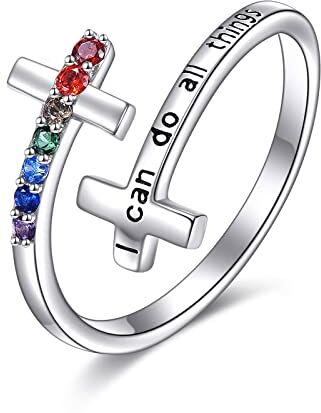 YFN Anello a forma di croce in argento Sterling 925, per donne I Can Do All Things Chakra gioielli regali, Argento sterling, Zirconia cubica